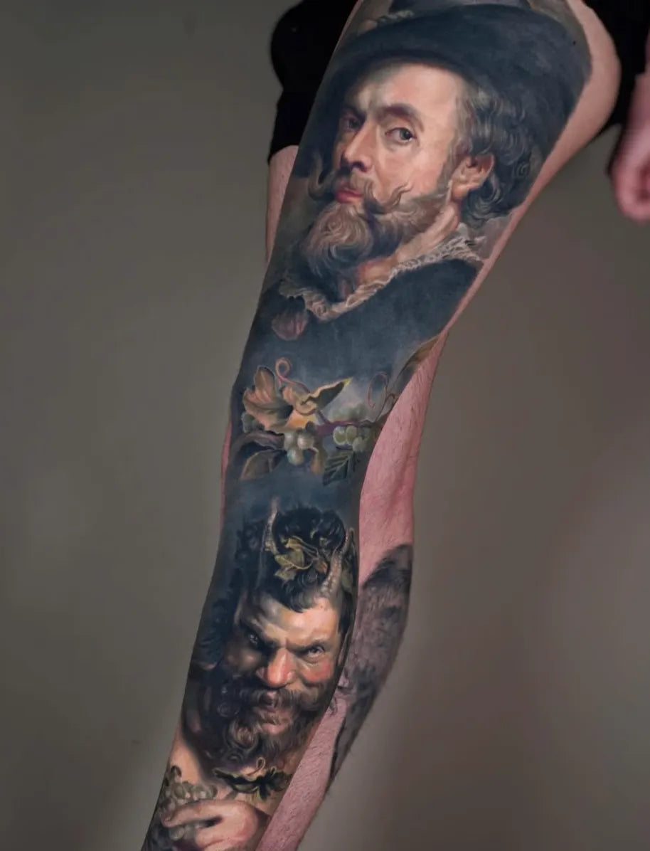 Black and grey realistic portrait sleeve tattoo by Adrian Rod