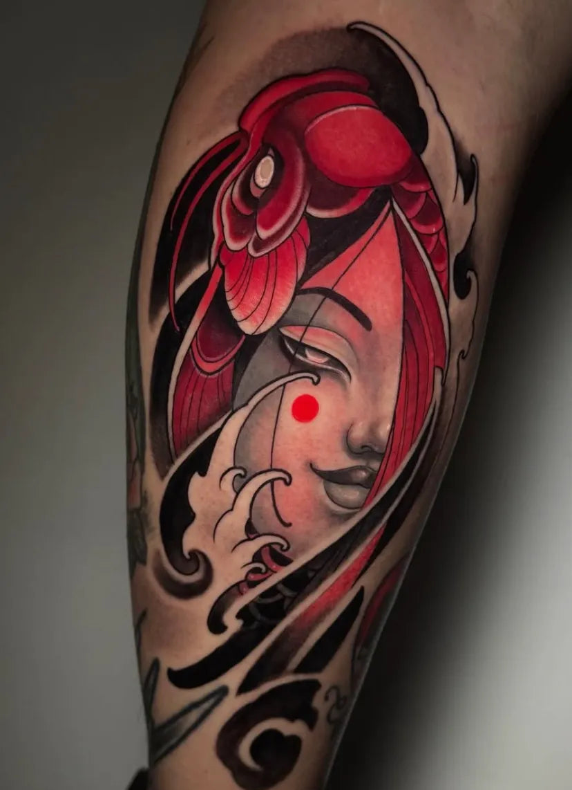 Red Japanese koi and geisha tattoo by Arantxa Encinas