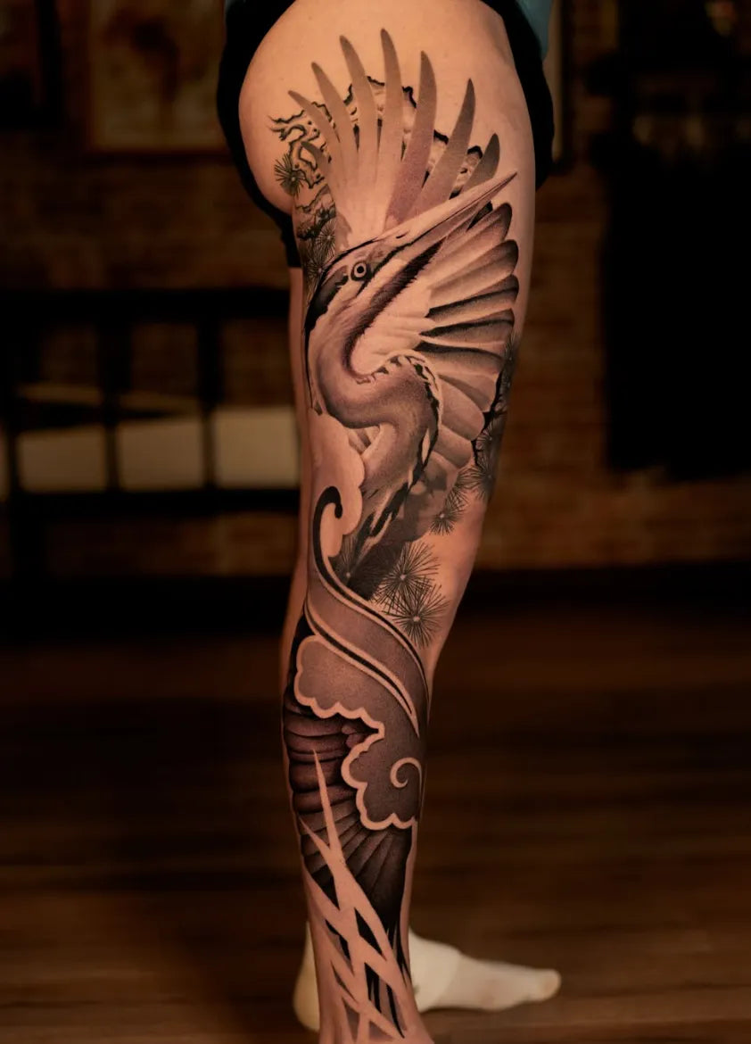 Black and grey full leg tattoo by Carlos Miranda