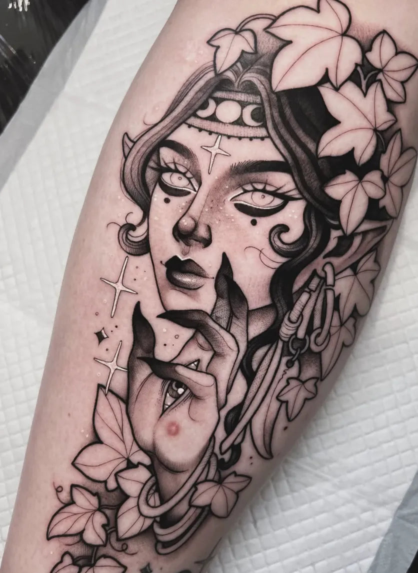 Fine line floral woman portrait tattoo by Débora Fernández
