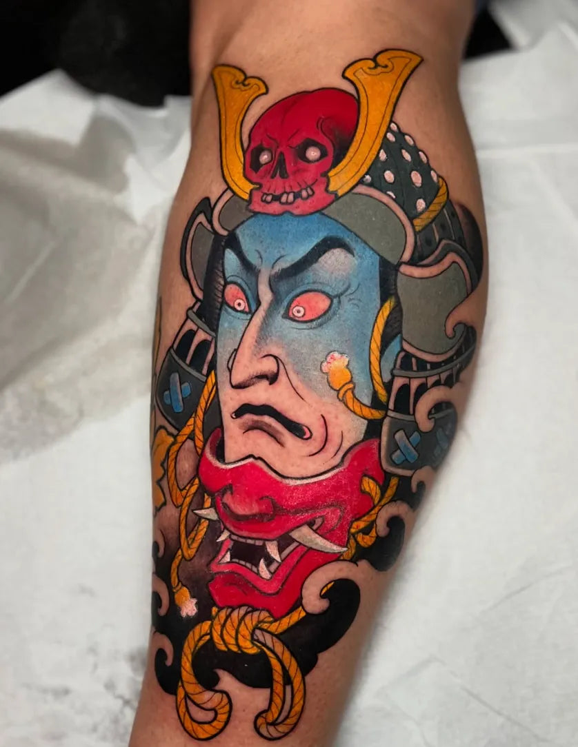 Colour Japanese samurai mask tattoo by Débora Fernández