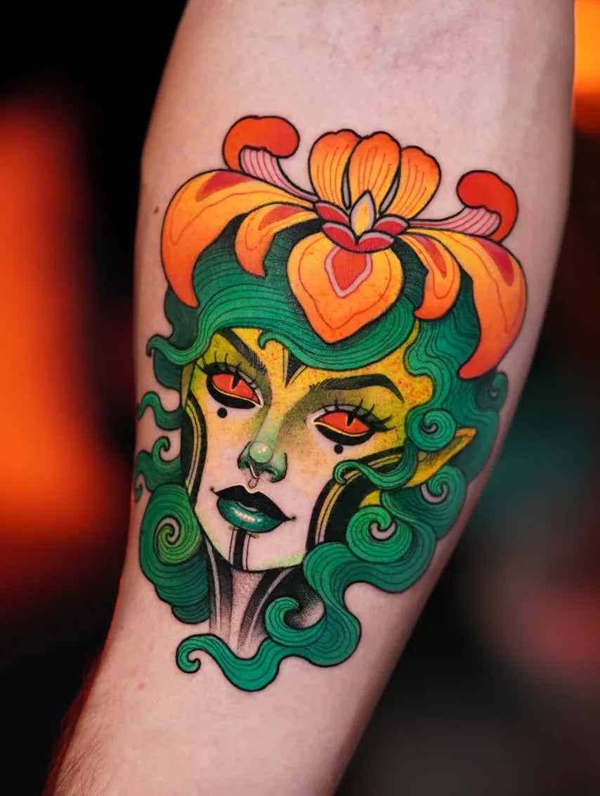 Colour neo-traditional Medusa tattoo by Débora Fernández