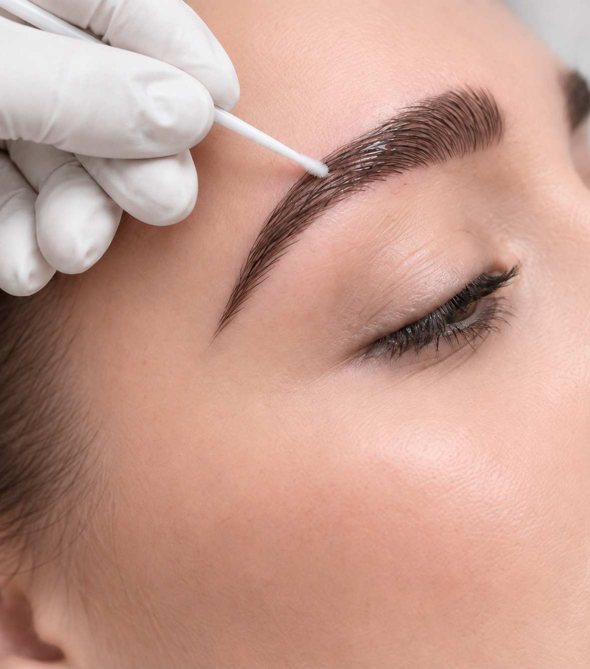 Permanent makeup artist in gloves shaping a client's eyebrow