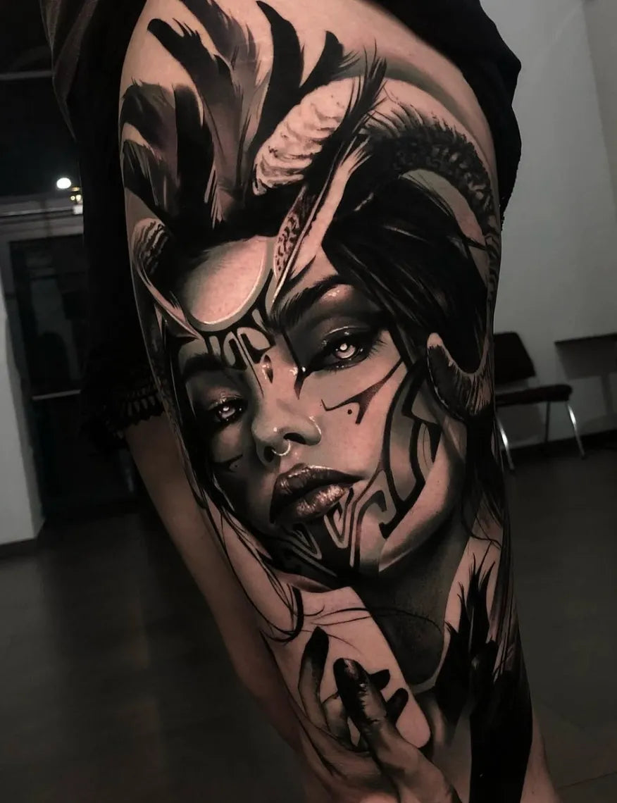 Black and grey neo-traditional woman portrait tattoo by Jhade Lapos