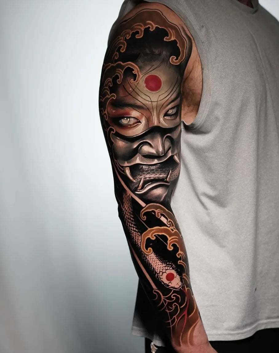Japanese-inspired colour sleeve tattoo by Jhade Lapos
