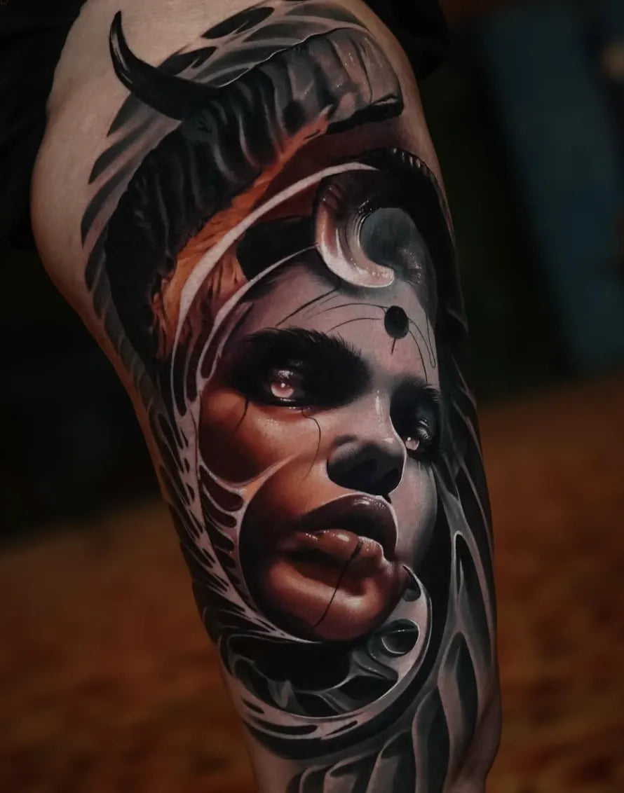 Black and grey surreal portrait tattoo by Jhade Lapos