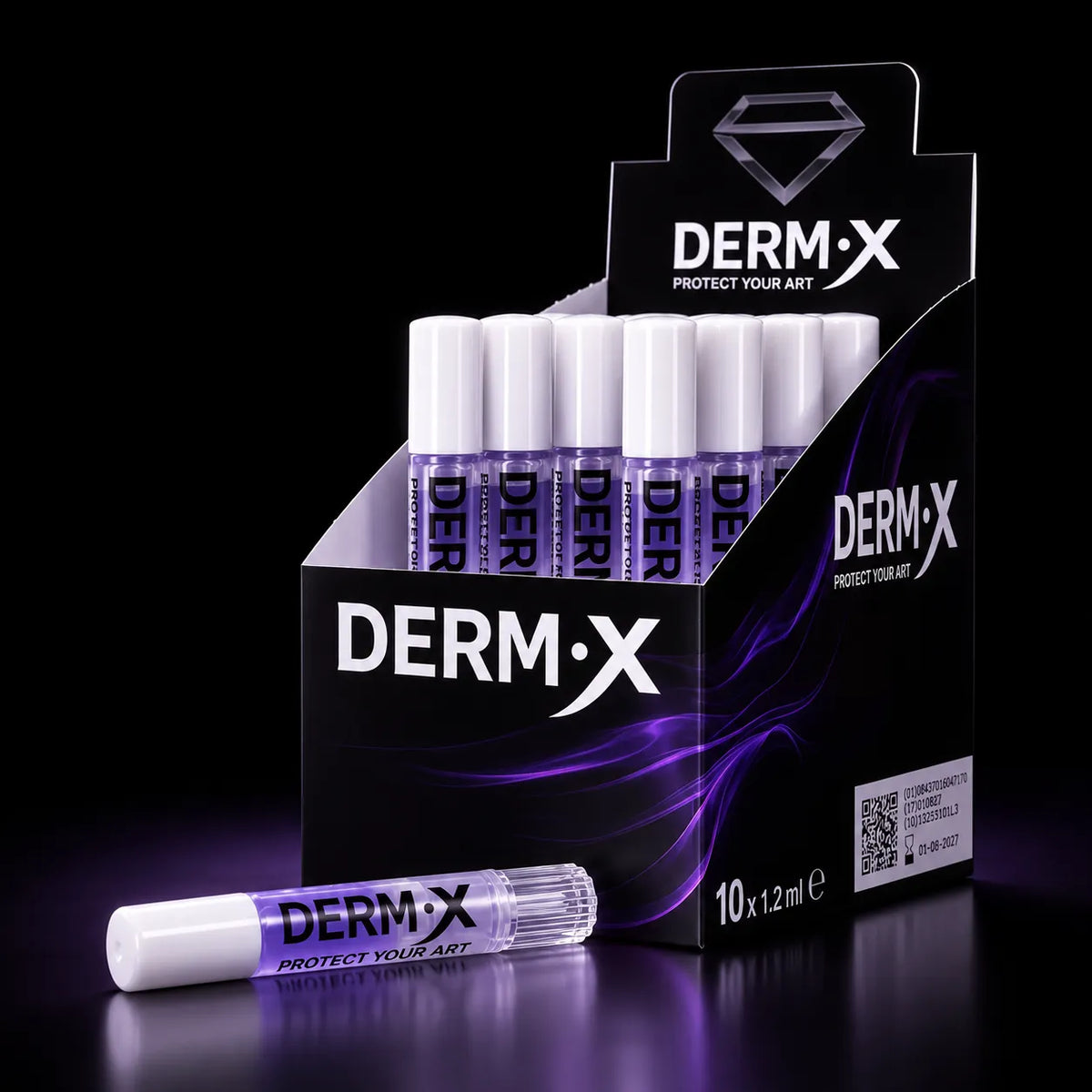 DERM·X Studio Pack display box with ten medical adhesive sticks for tattoo studios