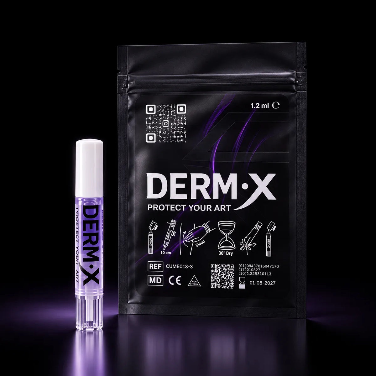 DERM·X Stick medical adhesive applicator next to its black DERM·X Protect Your Art pouch