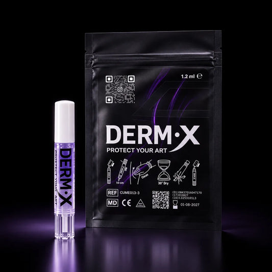 DERM·X Stick medical adhesive applicator next to its black DERM·X Protect Your Art pouch