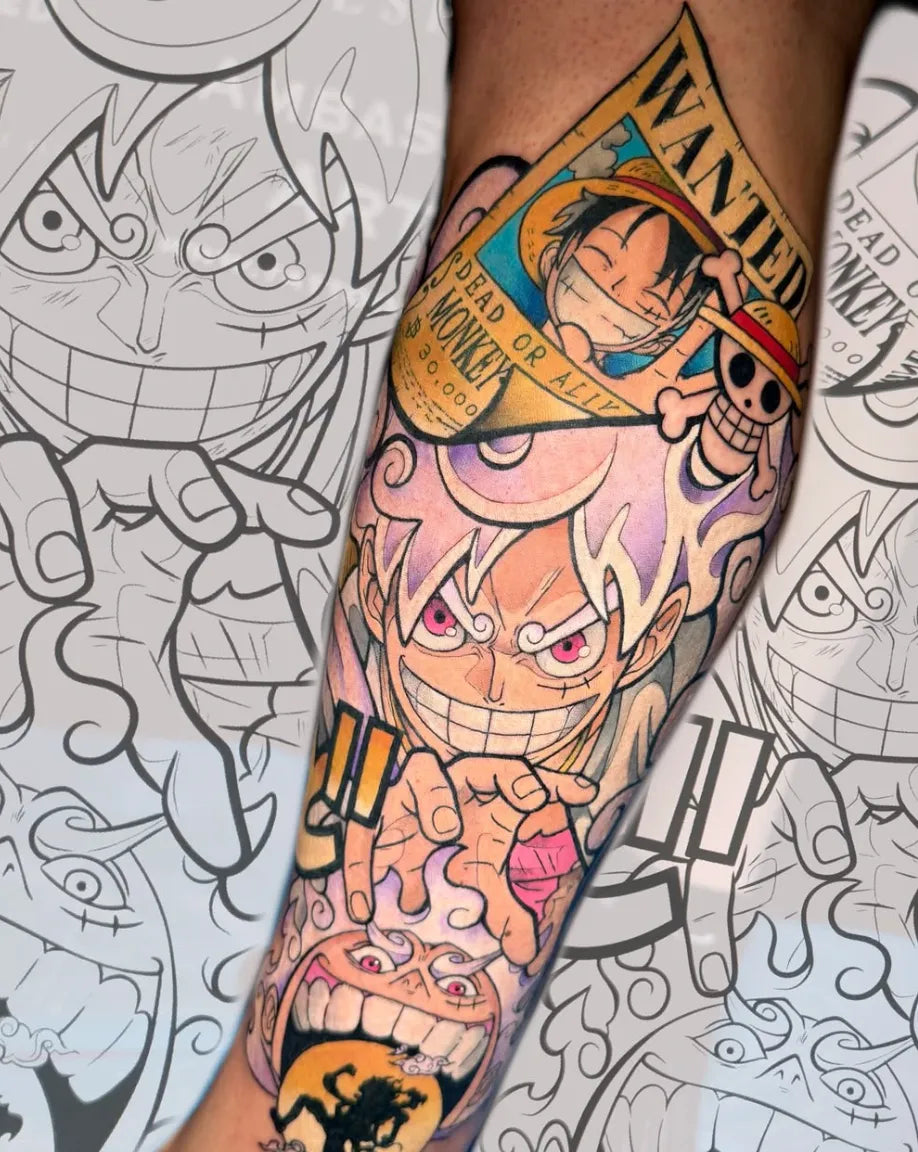 Colour anime-style sleeve tattoo by Raül de la O