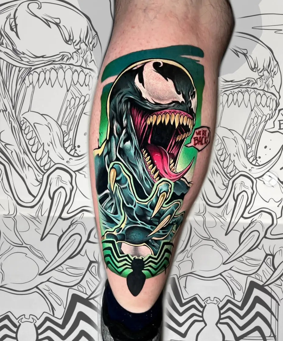 Colour Venom-style tattoo on a leg by Raül de la O