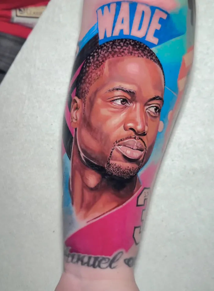Colour realistic portrait tattoo on a forearm by Rodrigo Gálvez