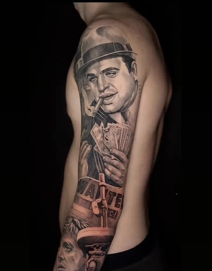 Black and grey realistic portrait sleeve tattoo by Rodrigo Gálvez