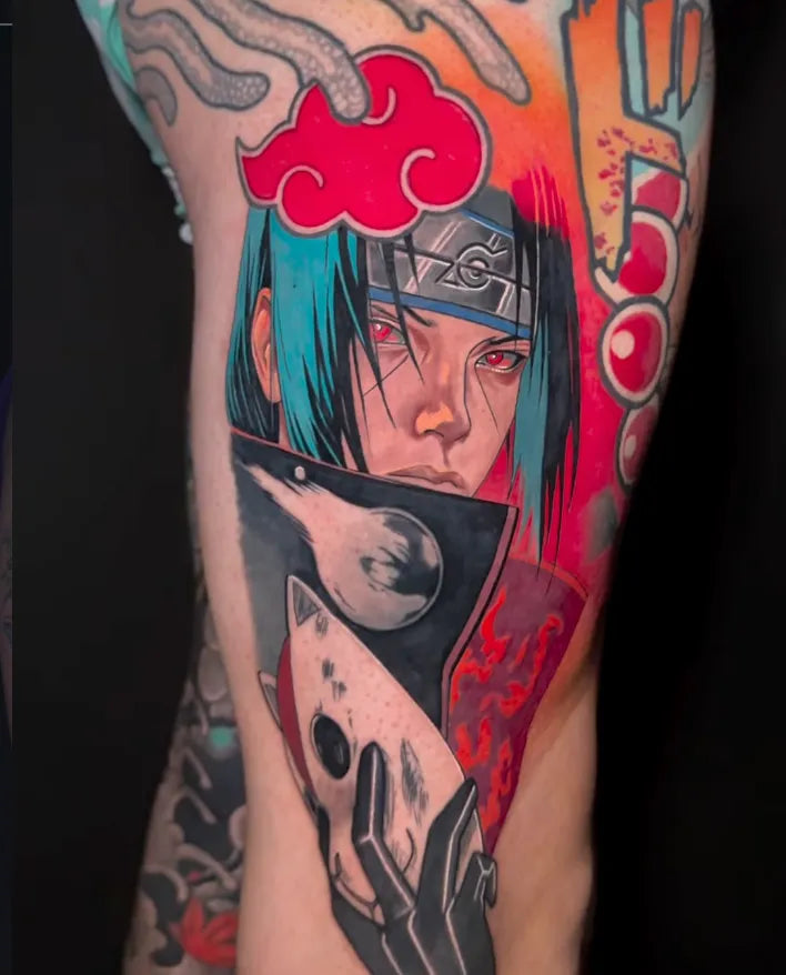 Colour anime-style sleeve tattoo by Rodrigo Gálvez