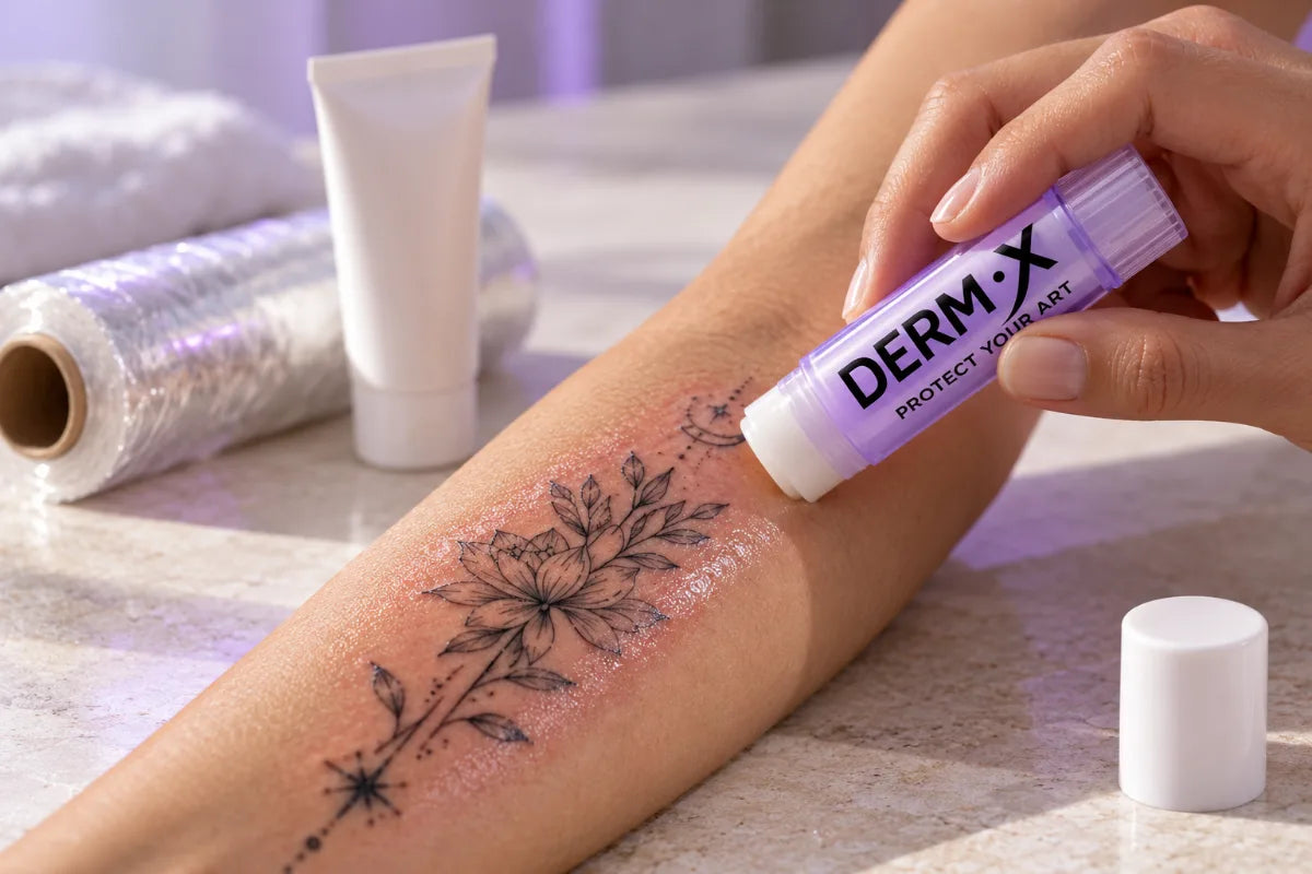 Aplicación de un sellador protector sobre un tatuaje recién hecho