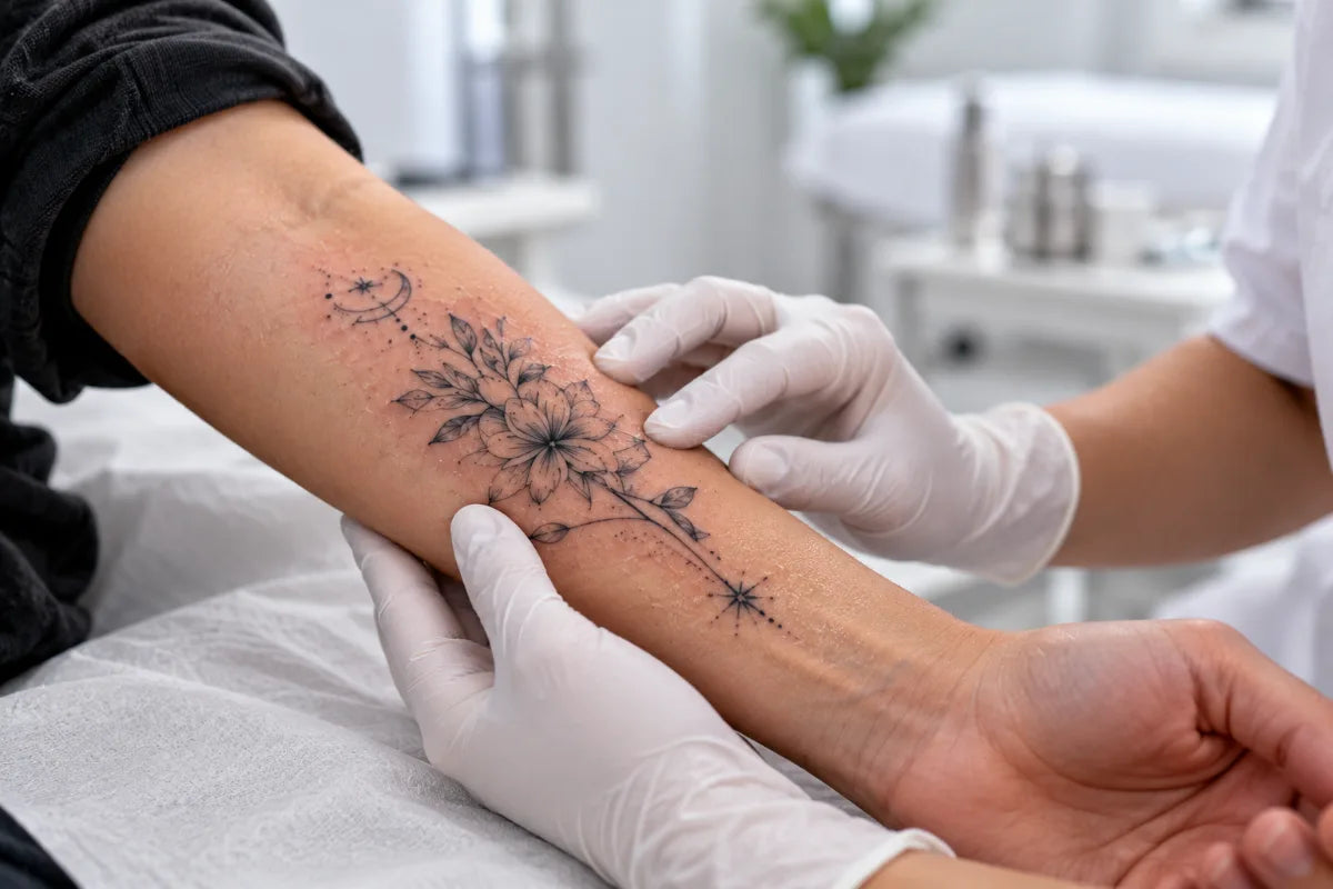 Profesional sanitario revisando la curación de un tatuaje